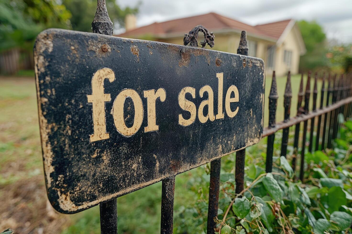 Old for sale sign hanging on a rusty fence photo