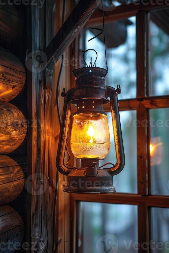 Old rusty kerosene lantern hanging and glowing by the window of a log cabin photo