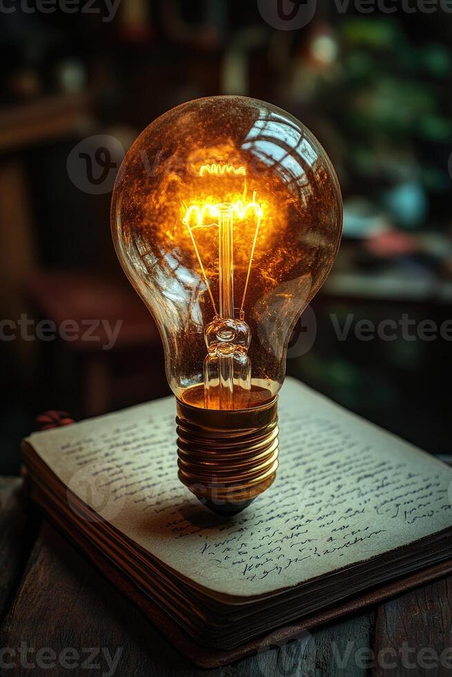 Glowing lightbulb floating over a notebook suggesting new ideas photo