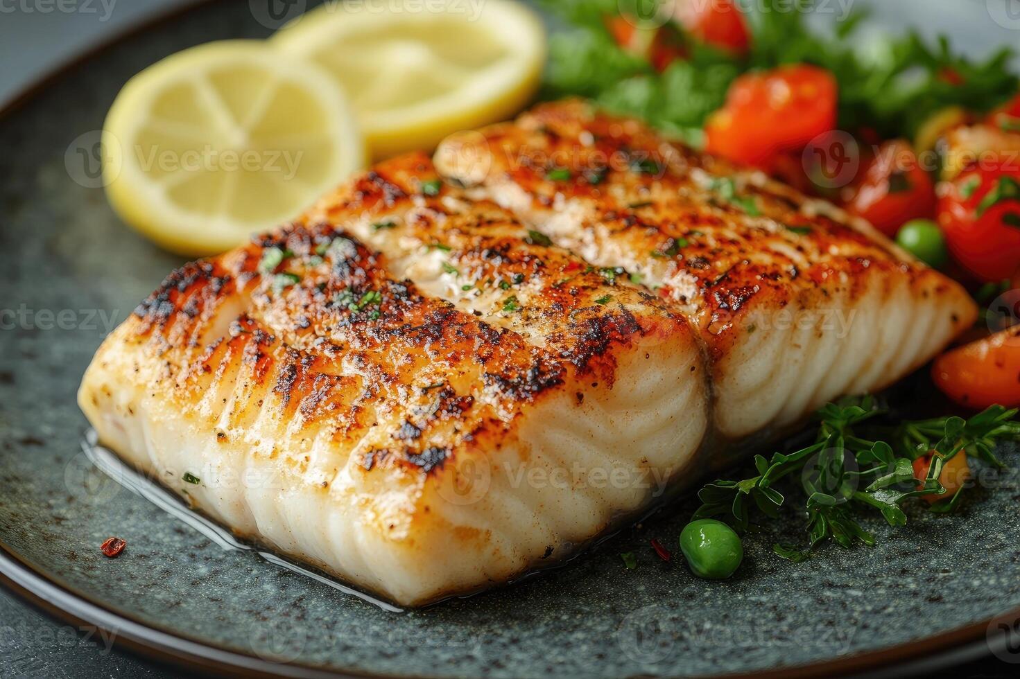 Delicious grilled fish with lemon and vegetables on a plate photo