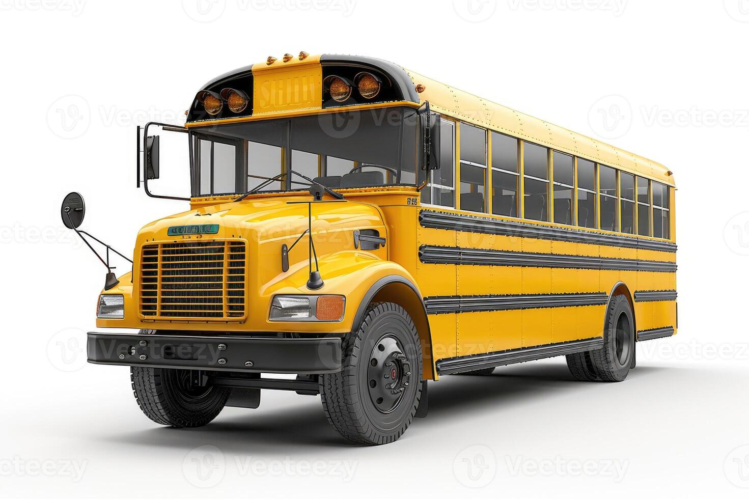 Front view of an American yellow school bus in 3D rendering on a white background. photo