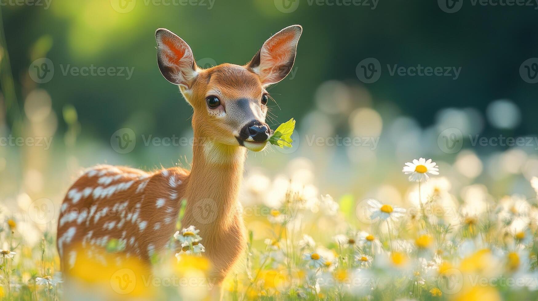 Young white-tailed deer fawn eating clover in a field of daisies photo