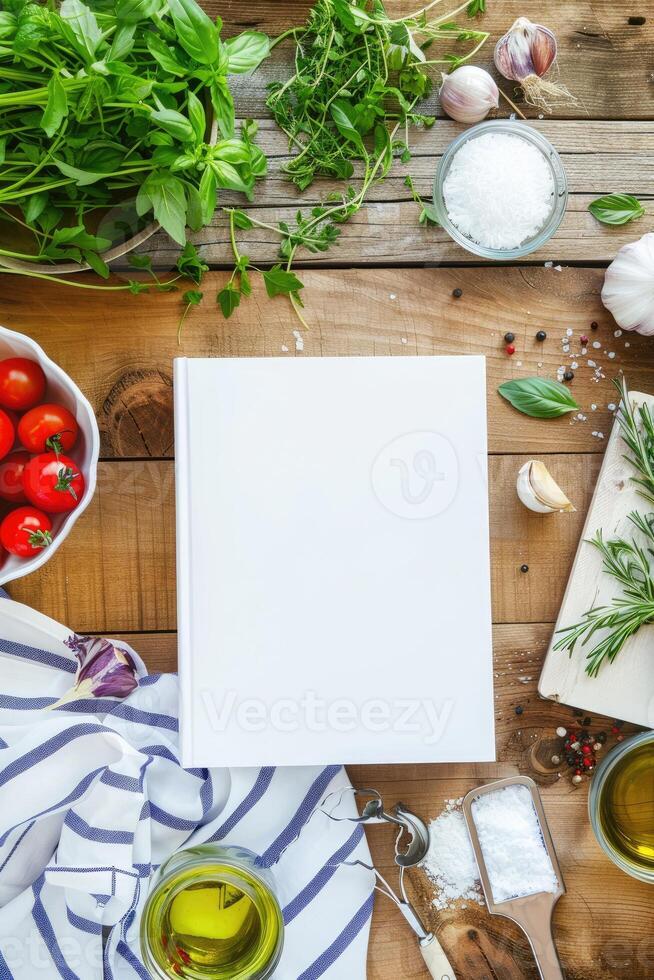 Blank white book cover mock-up on an Italian kitchen table surrounded by fresh herbs and Italian ingredients photo