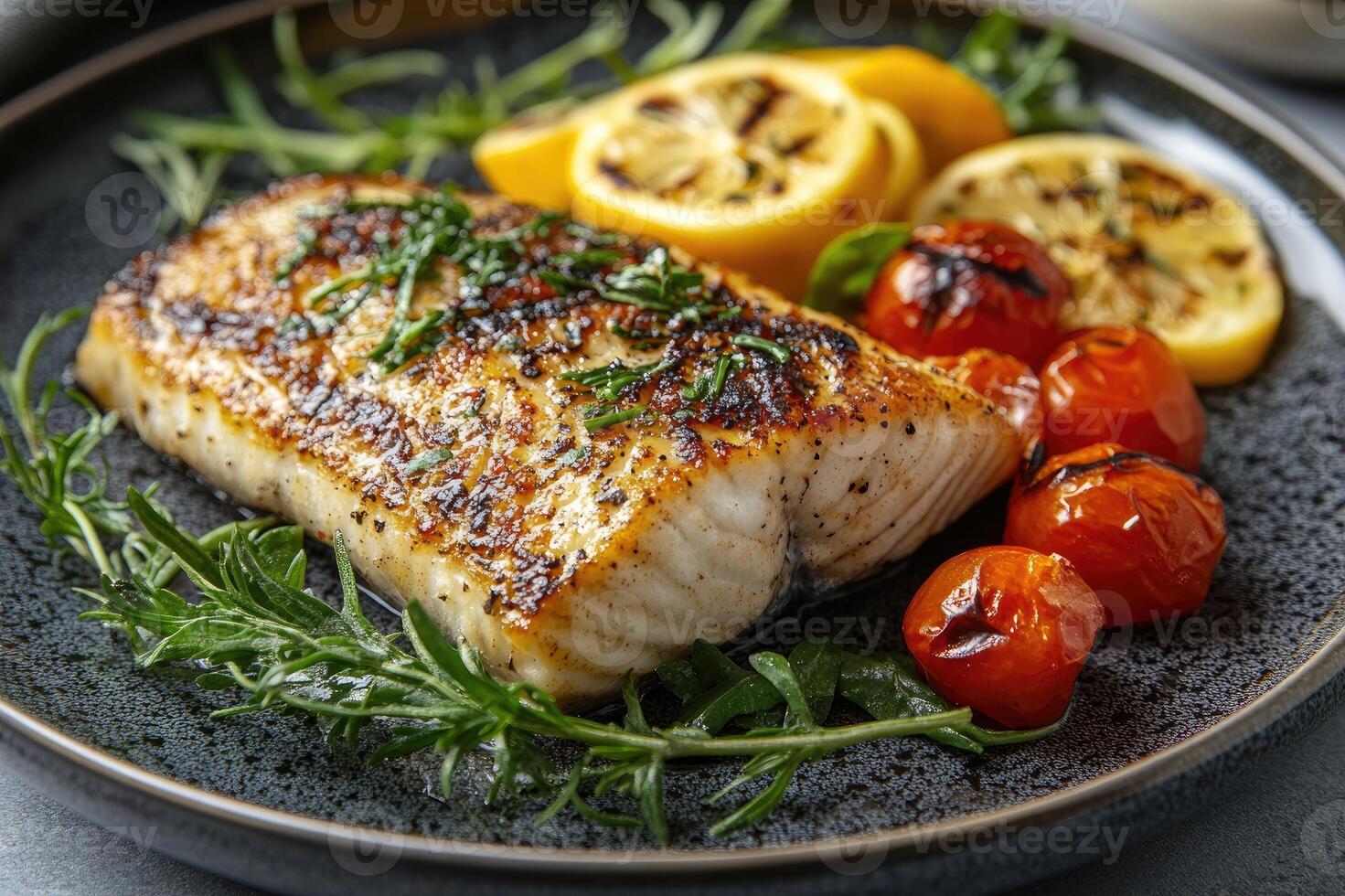 Delicious grilled fish with lemon and vegetables on a plate photo