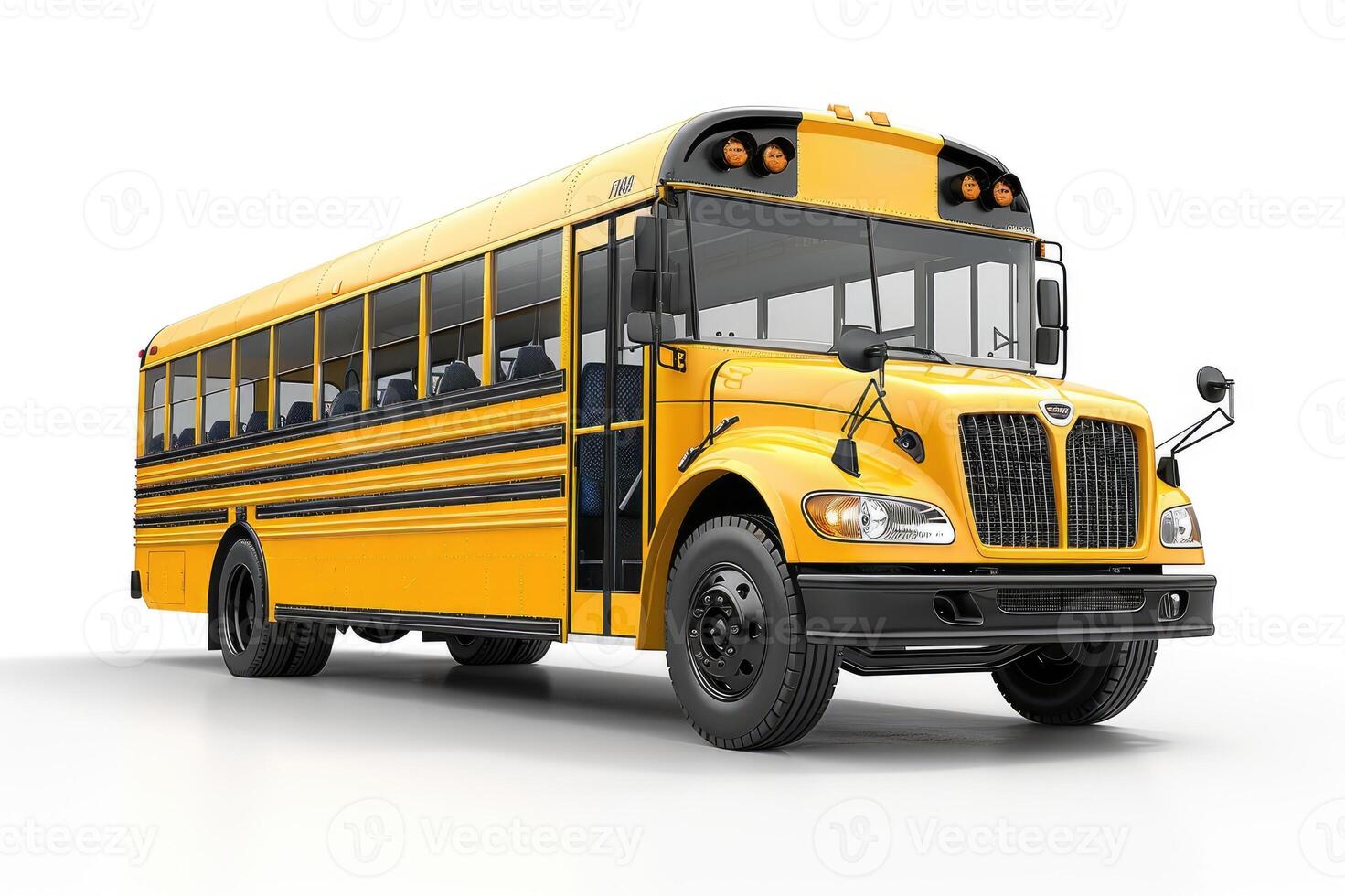 Front view of an American yellow school bus in 3D rendering on a white background. photo