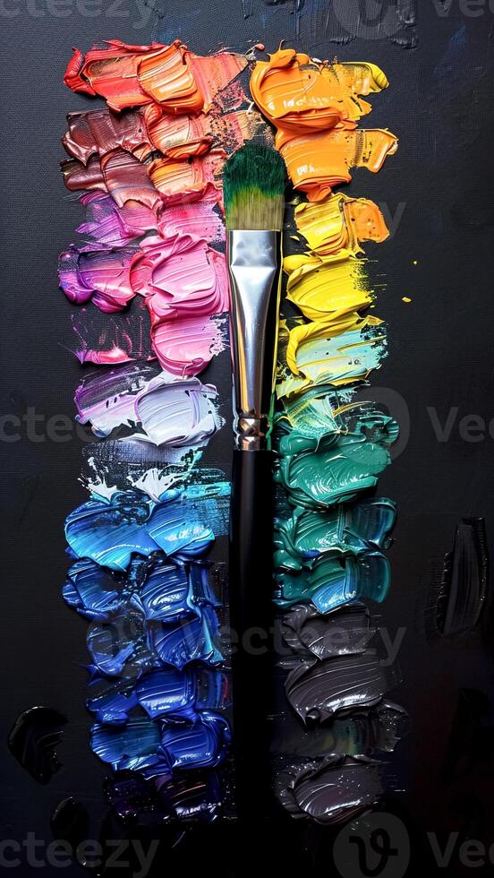Colorful Acrylic Brushstrokes and Brush on Black Canvas. Artistic Expression, Creative Process, Abstract Art. photo