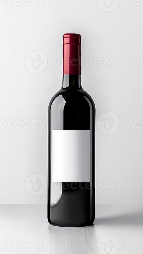 Wine Bottle with Empty Label on White Background. Mockup, Personalized Gift, DIY Project, Copyspace. photo