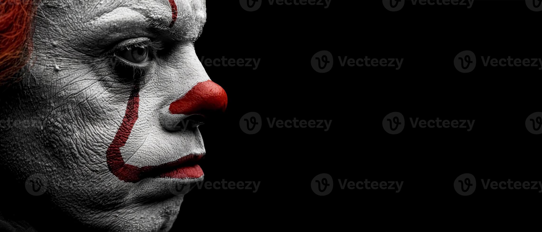Lonely Clown with Weary Eyes on Black Background. Copy space, Lost Innocence, Faded Joy, Silent Grief. photo