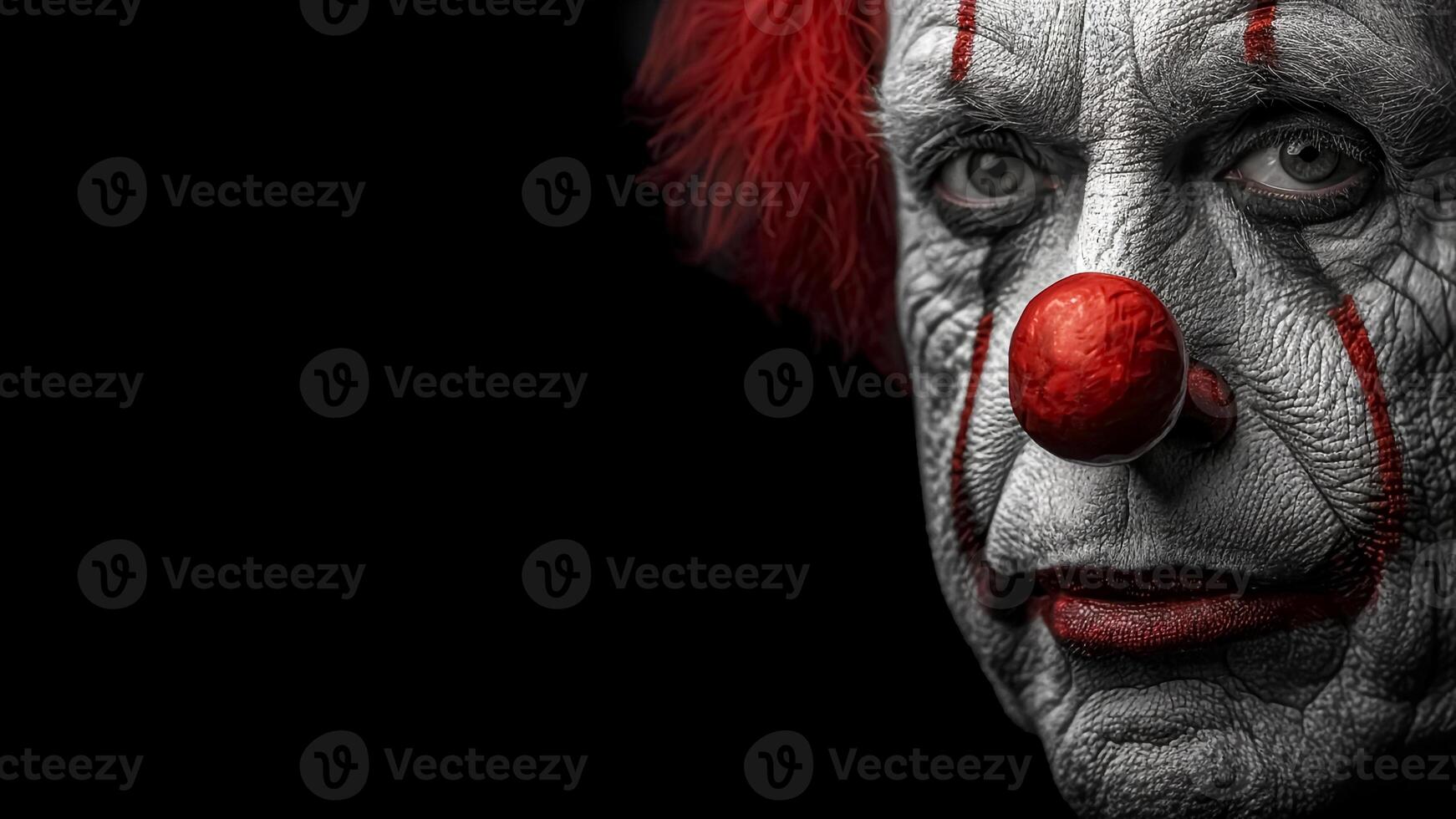 A Melancholy Clown on Black Background. Copyspace. Sorrowful Jester, Solitude, Lost Laughter, Hidden Tears. photo