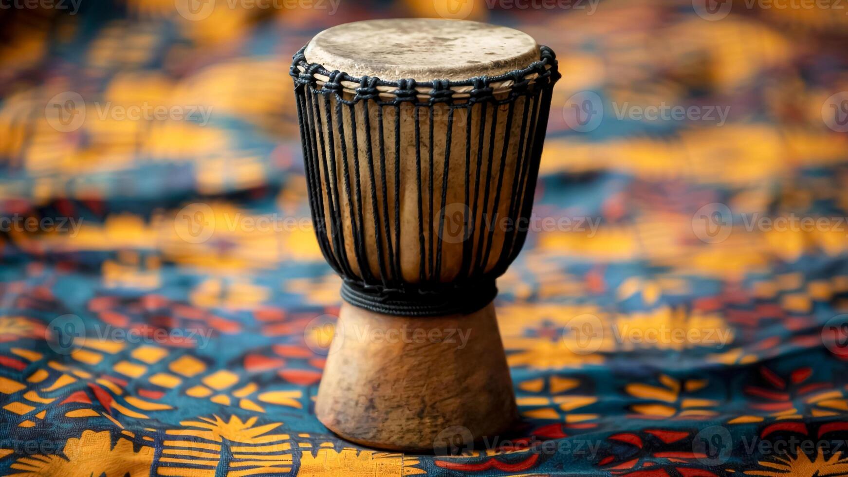 African Drum on Traditional Cloth. Cultural Heritage, Tribal Rhythm, Musical Instrument. photo