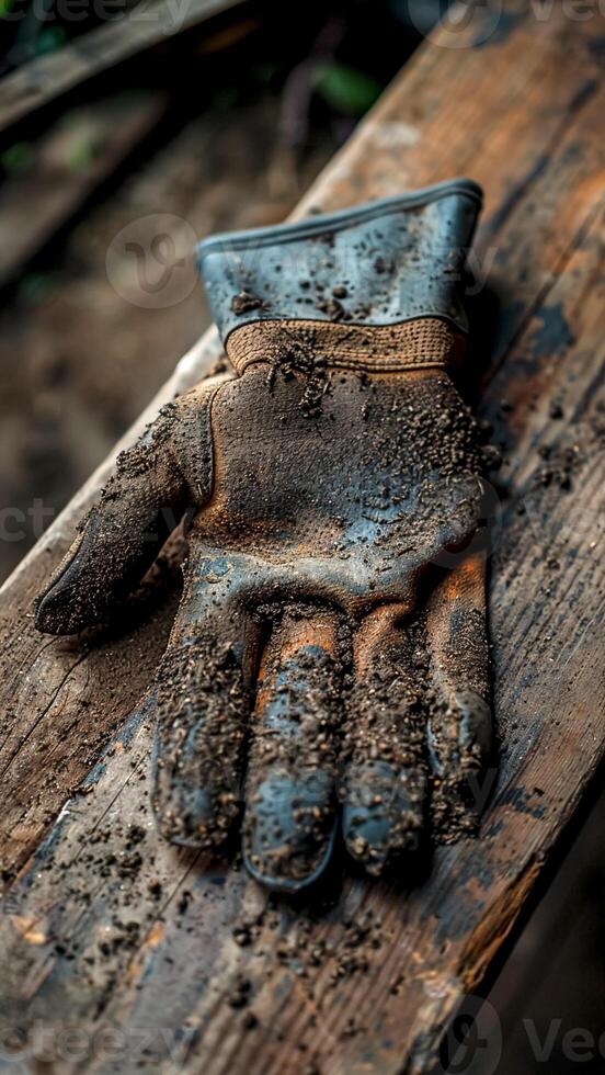 Soil-Covered Gardening Glove on Wooden Surface. Horticulture Equipment, Agricultural Gear, Farming Work. photo