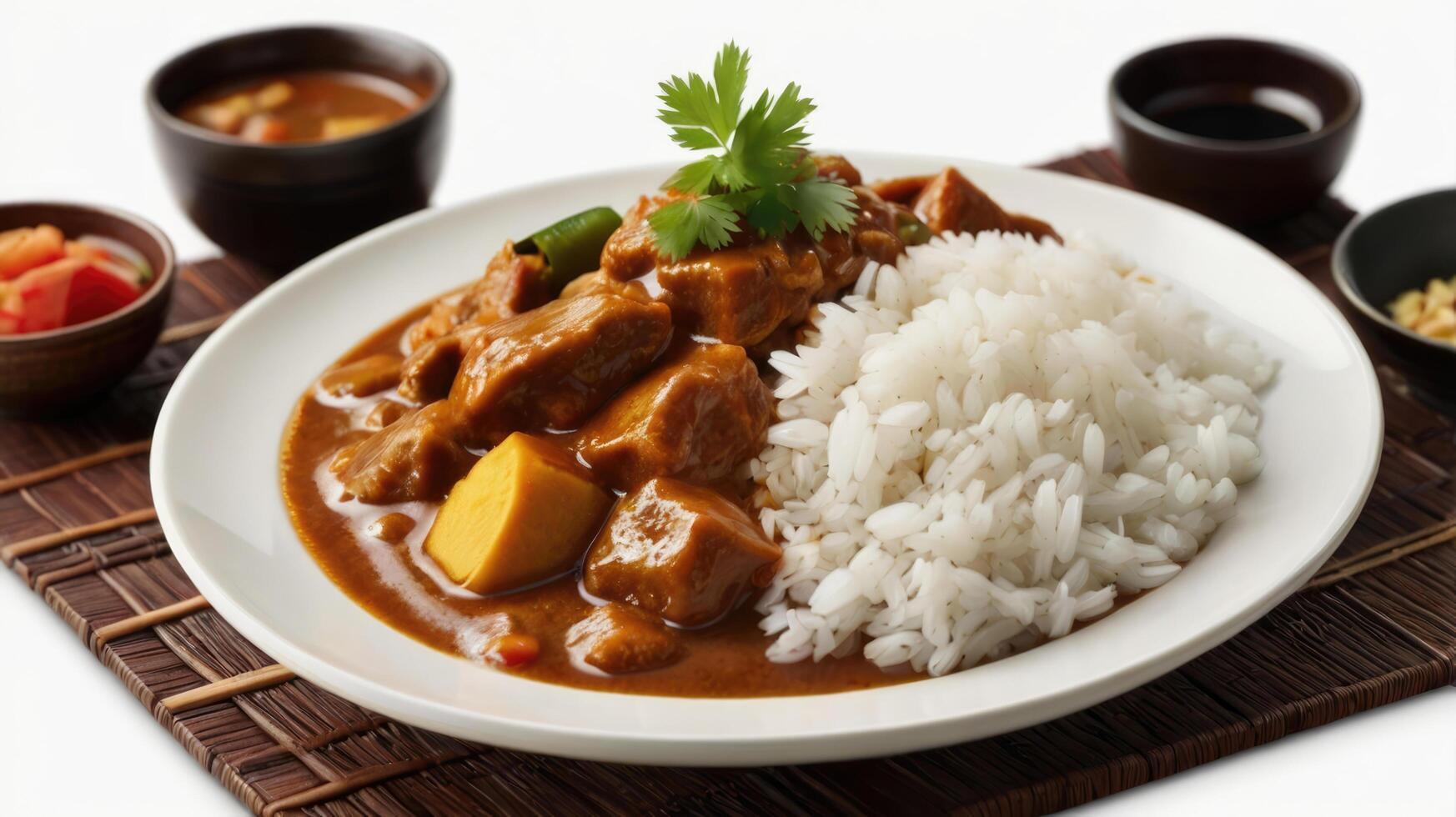 Japanese curry with rice and vegetables on a white plate, close-up photo