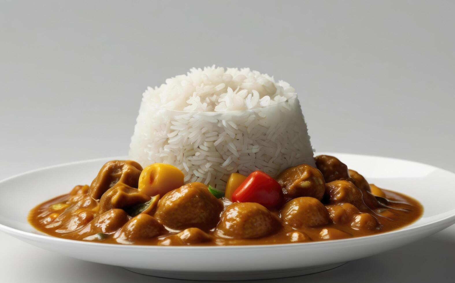 Rice with chicken curry and vegetables on a white plate over white background photo