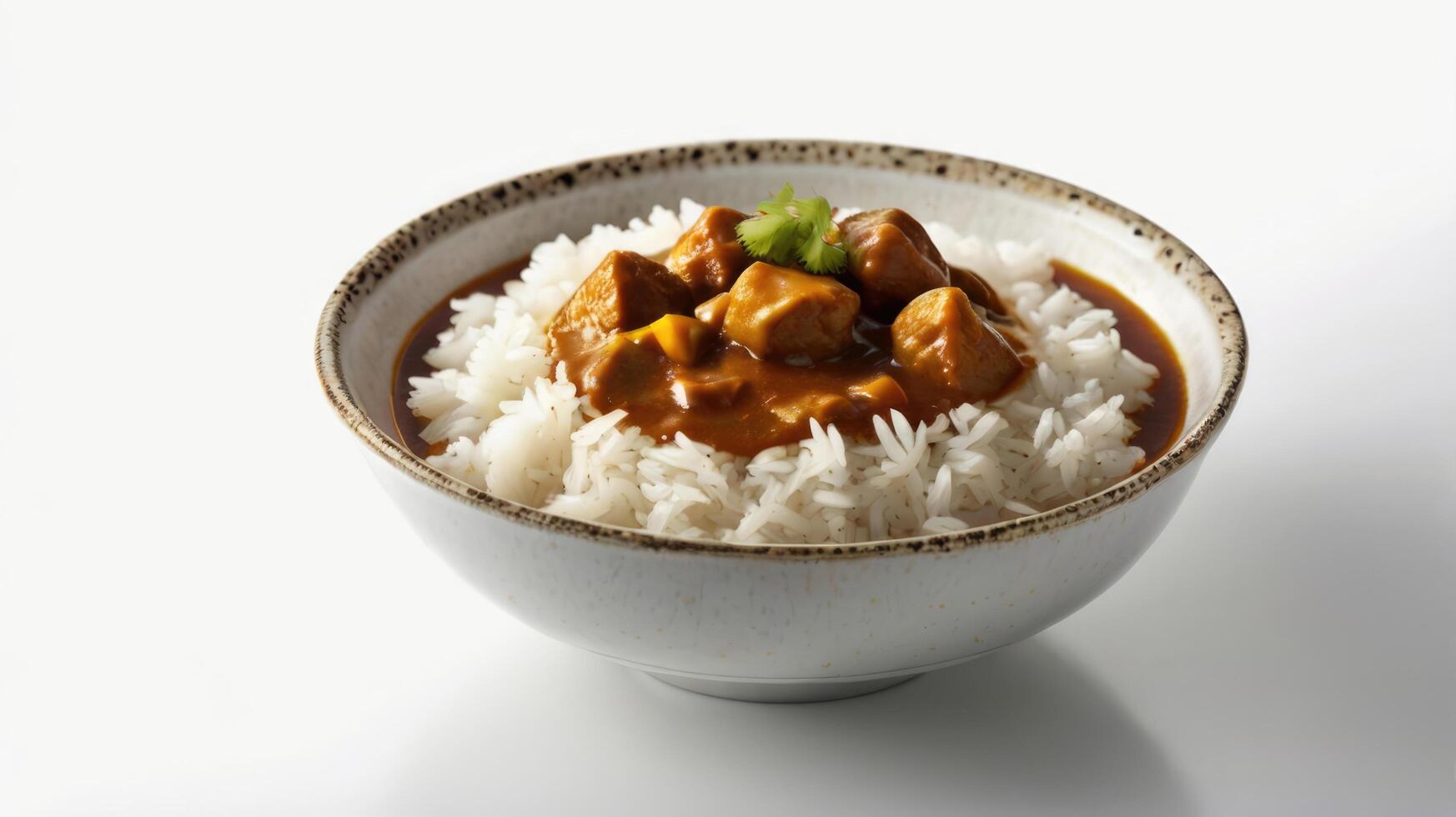 Pork curry with rice in a bowl on a white background. photo