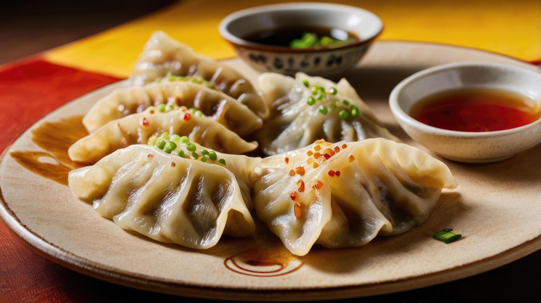 Gyoza dumplings with soy sauce and pickled ginger photo