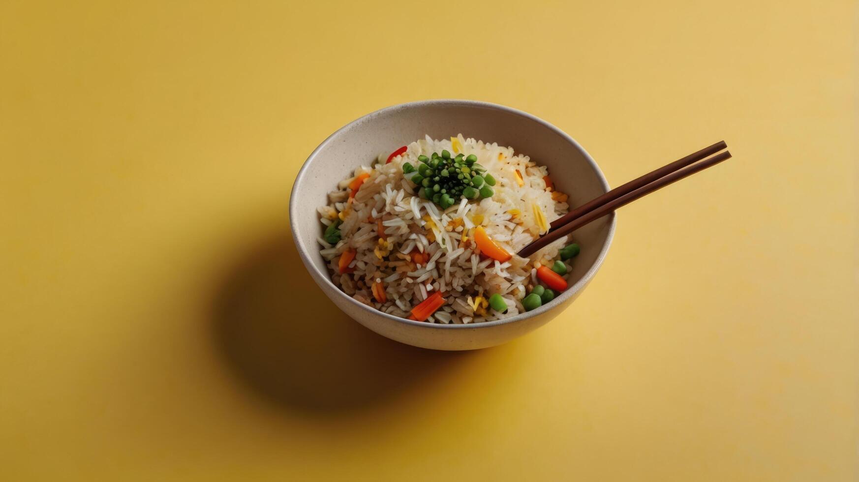 Fried rice with vegetables in a bowl on a yellow background. photo