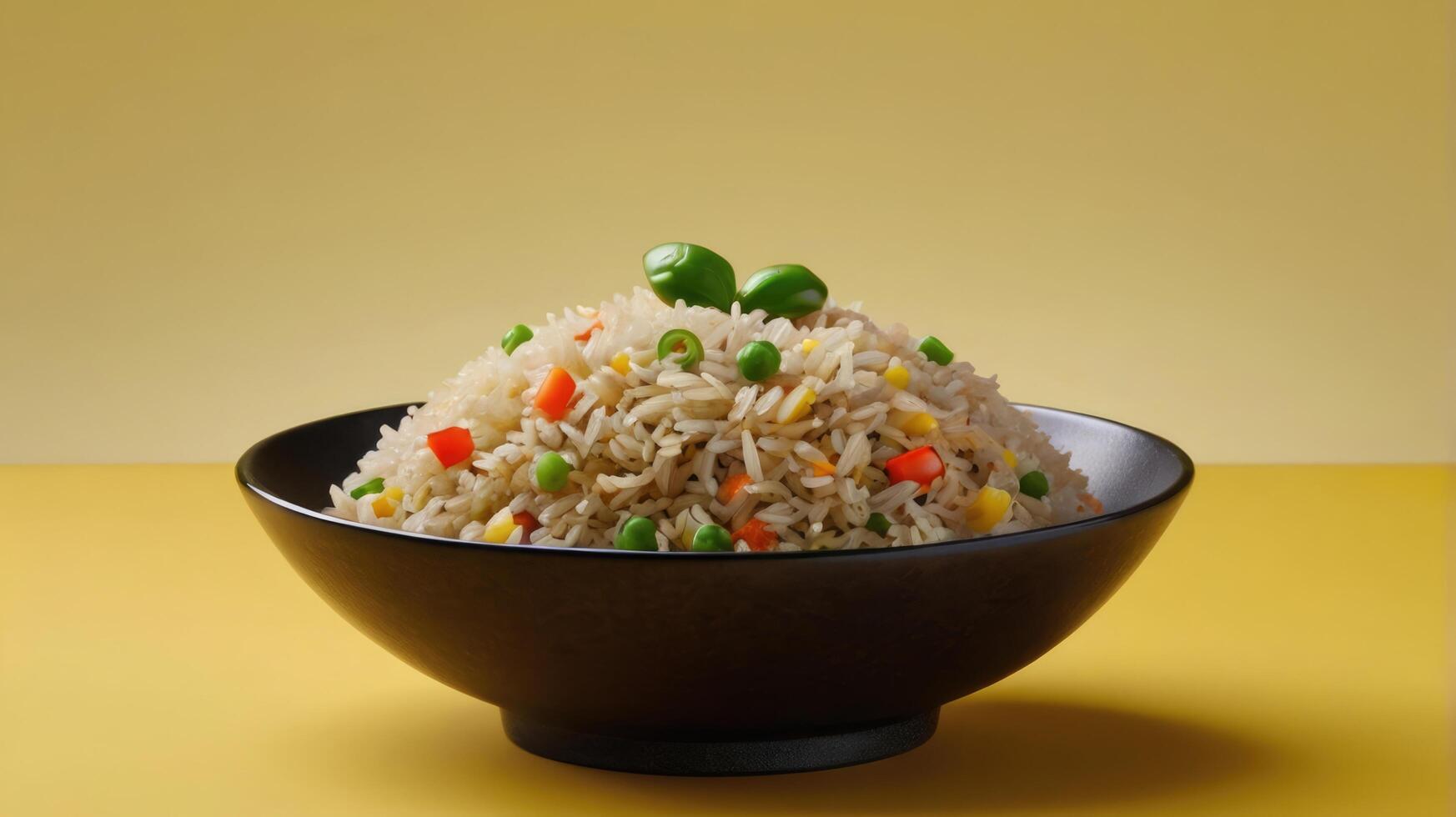 Fried rice with vegetables in a black bowl on yellow background. photo