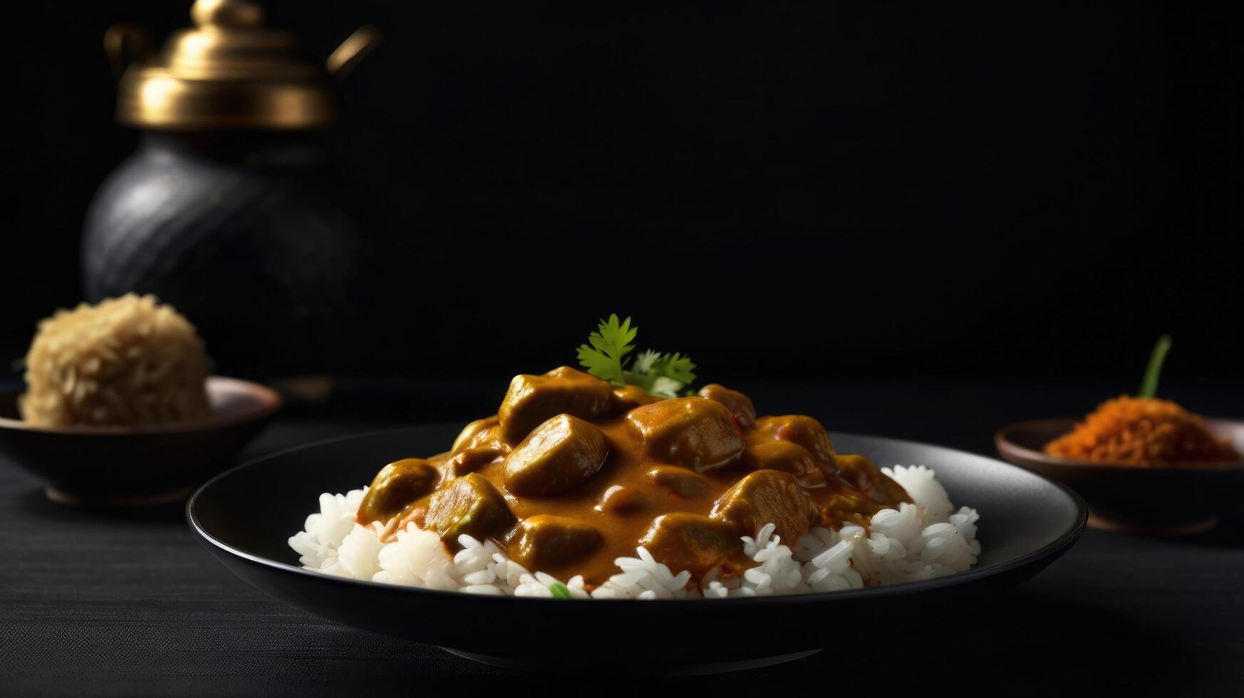 Chicken tikka masala curry with rice on black background. photo