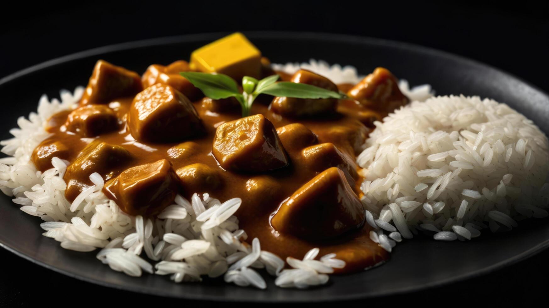 Chicken tikka masala with rice and curry sauce on black background photo