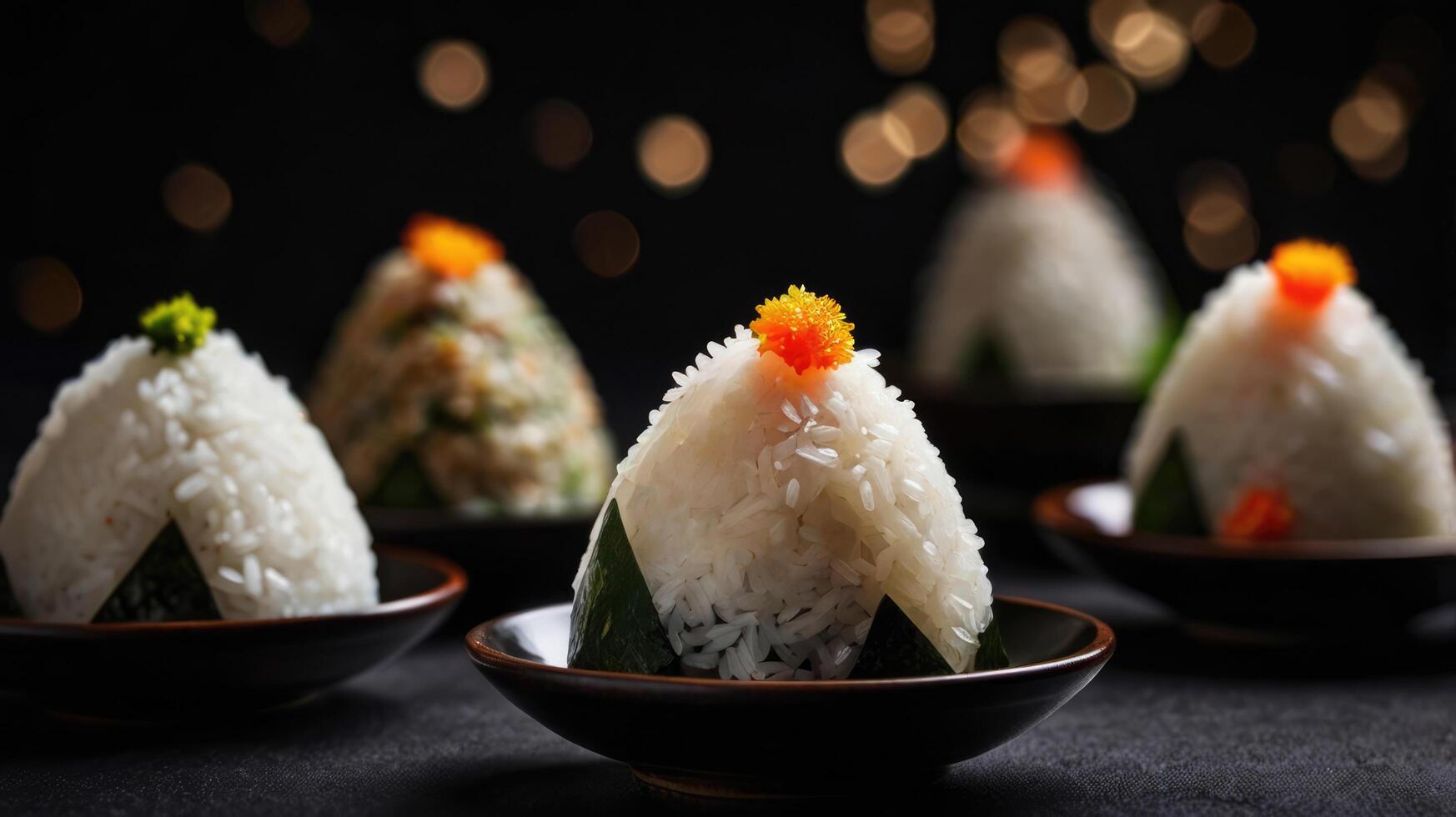 Traditional japanese rice balls on dark background with bokeh photo