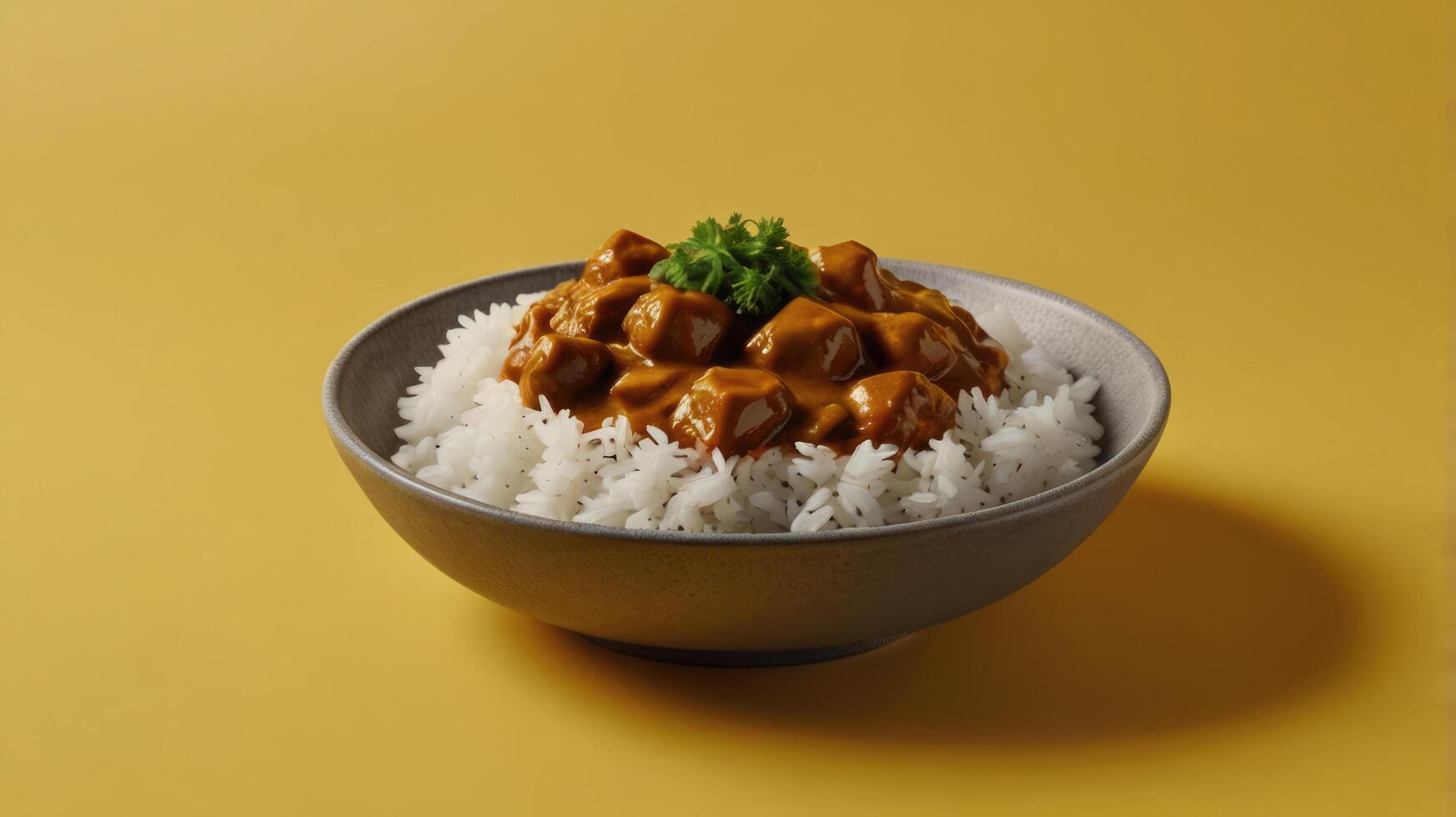 Rice with a bowl of chicken curry on a yellow background. photo
