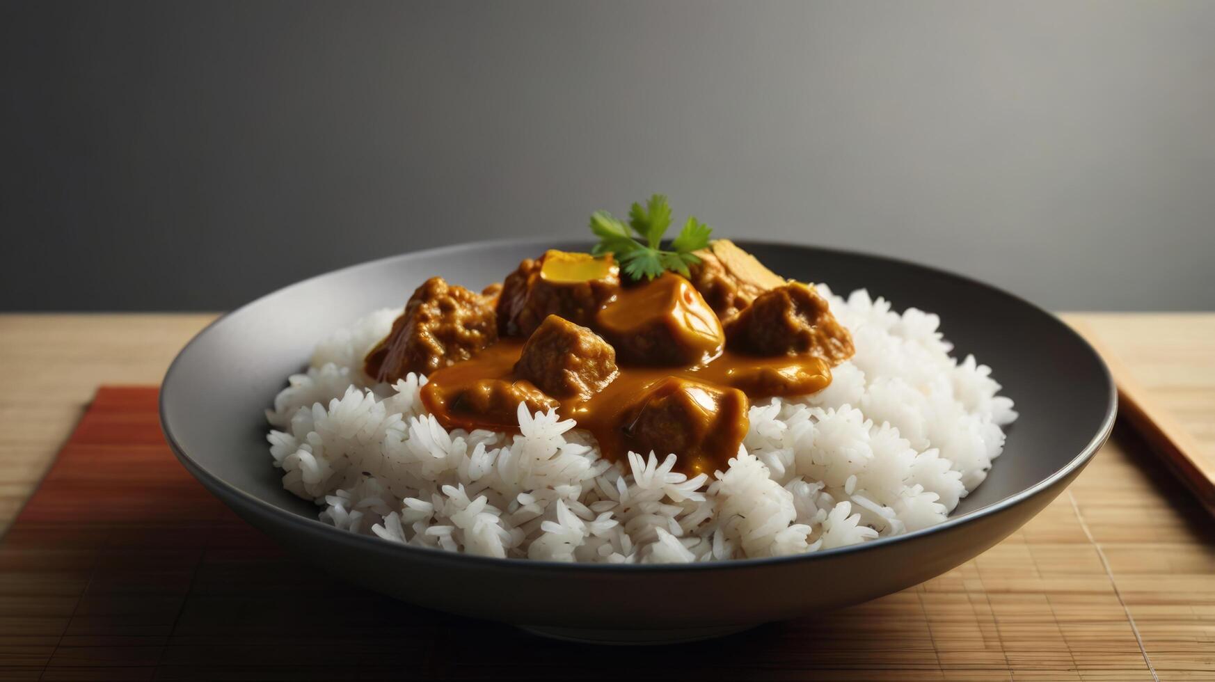 Pork curry with rice in black bowl on bamboo mat and dark background photo