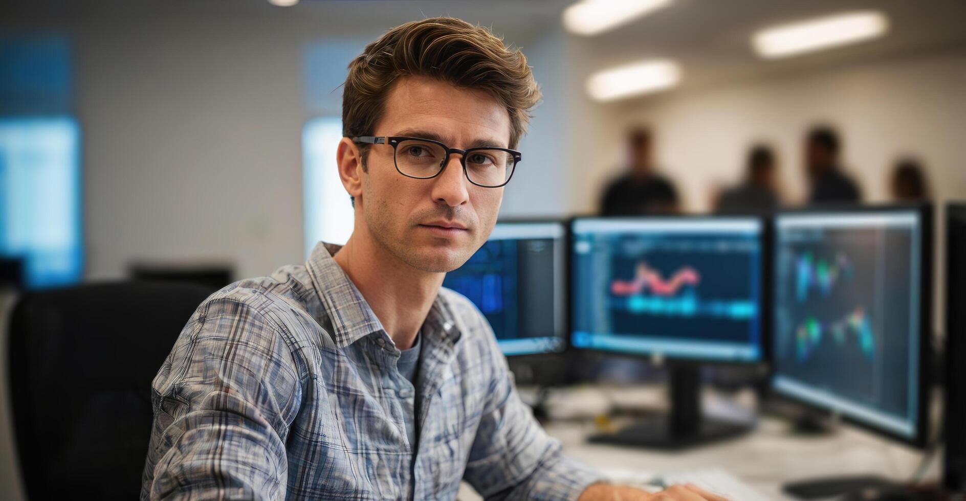 Business Analyst. Portrait of young businessman working on computer at office. Business people in the background. photo