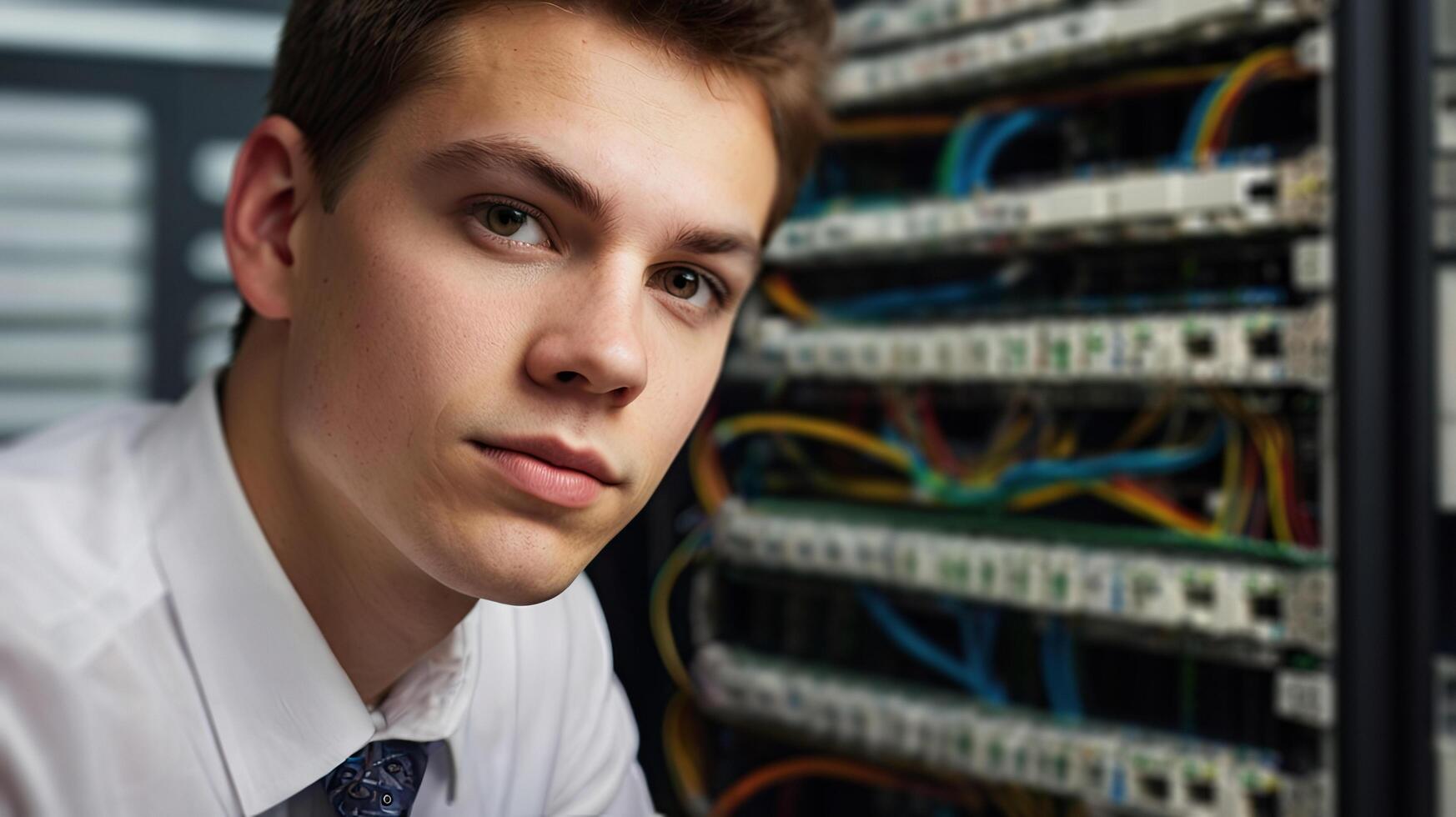 Young man in datacenter server room looking at camera and thinking photo