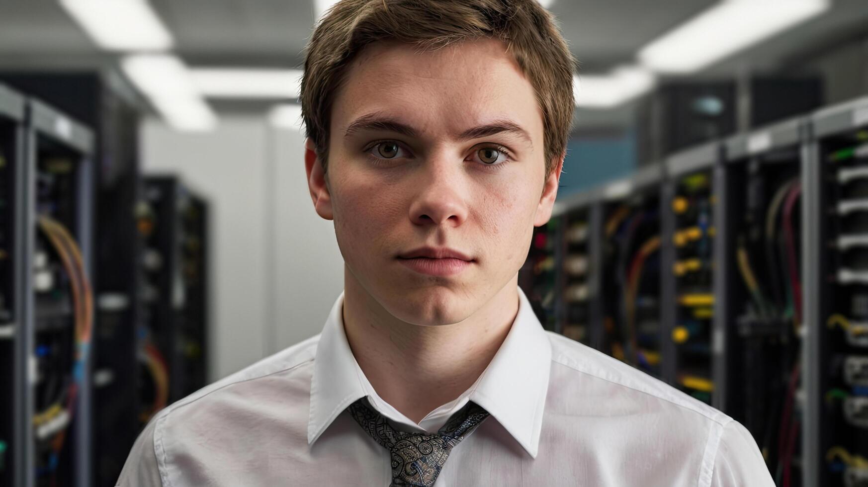 Portrait of handsome young man in datacenter server room. photo