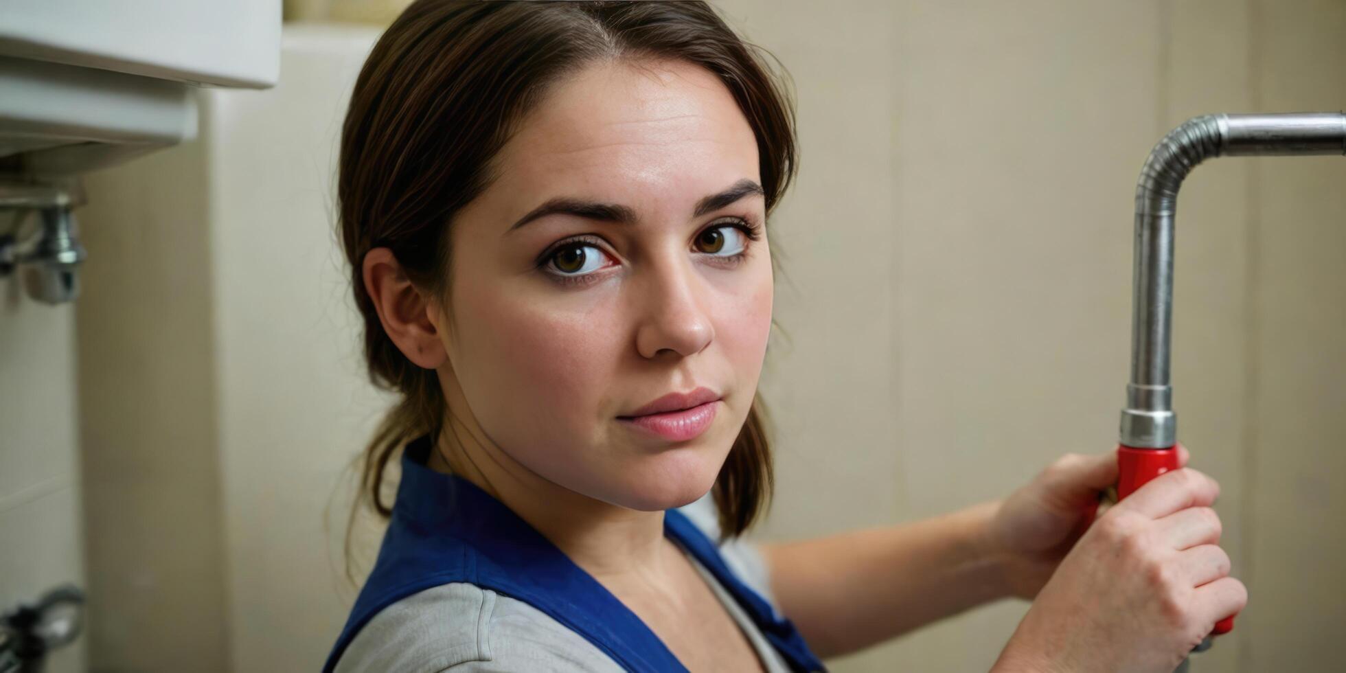 Portrait of a young female plumber working in the kitchen. photo