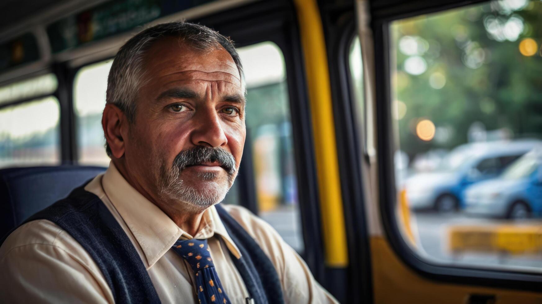 Experienced bus driver. Portrait of a senior man sitting in a bus in the city. photo