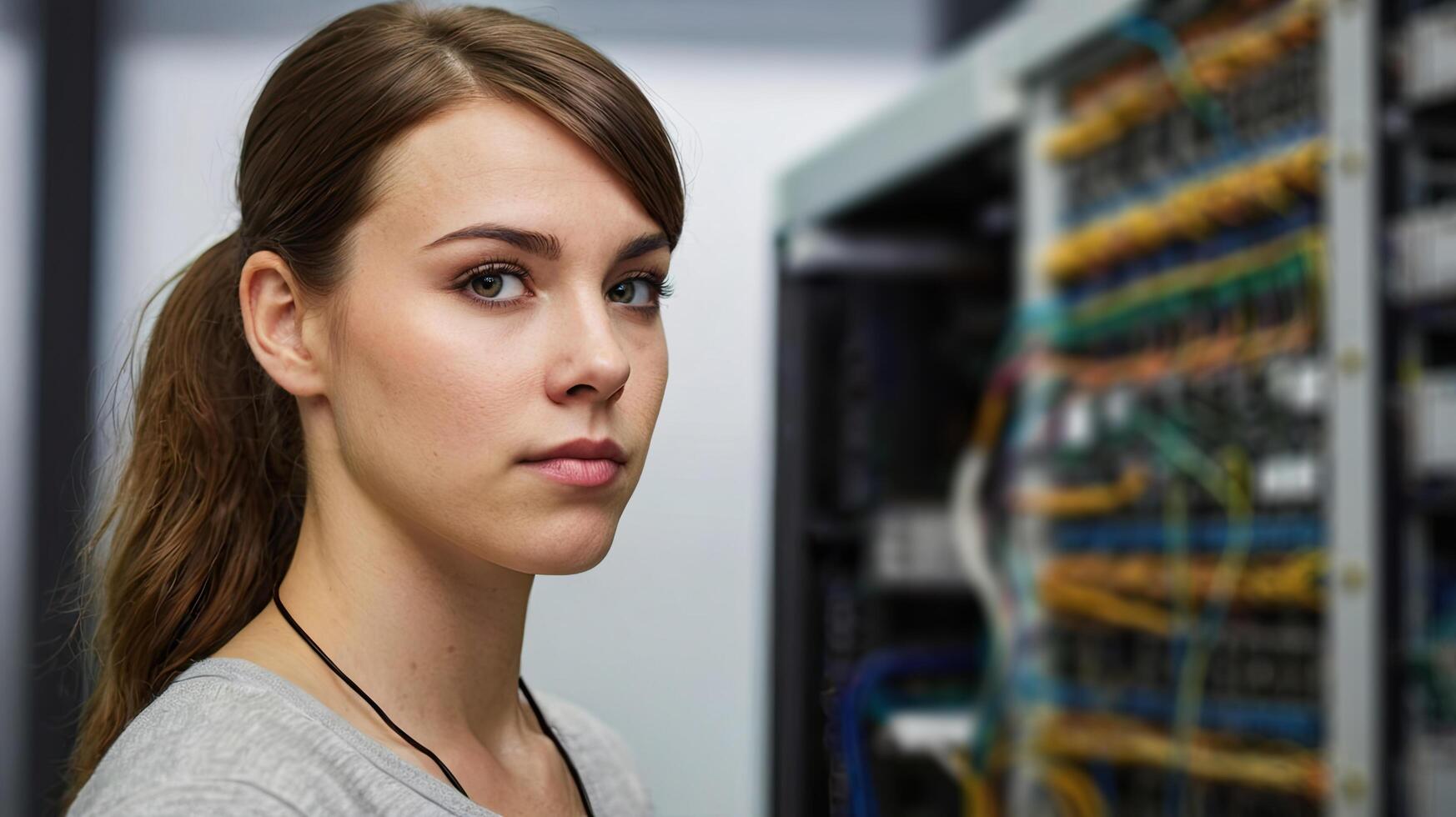 Female data base administrator. Portrait of woman looking at camera in server room at data center photo