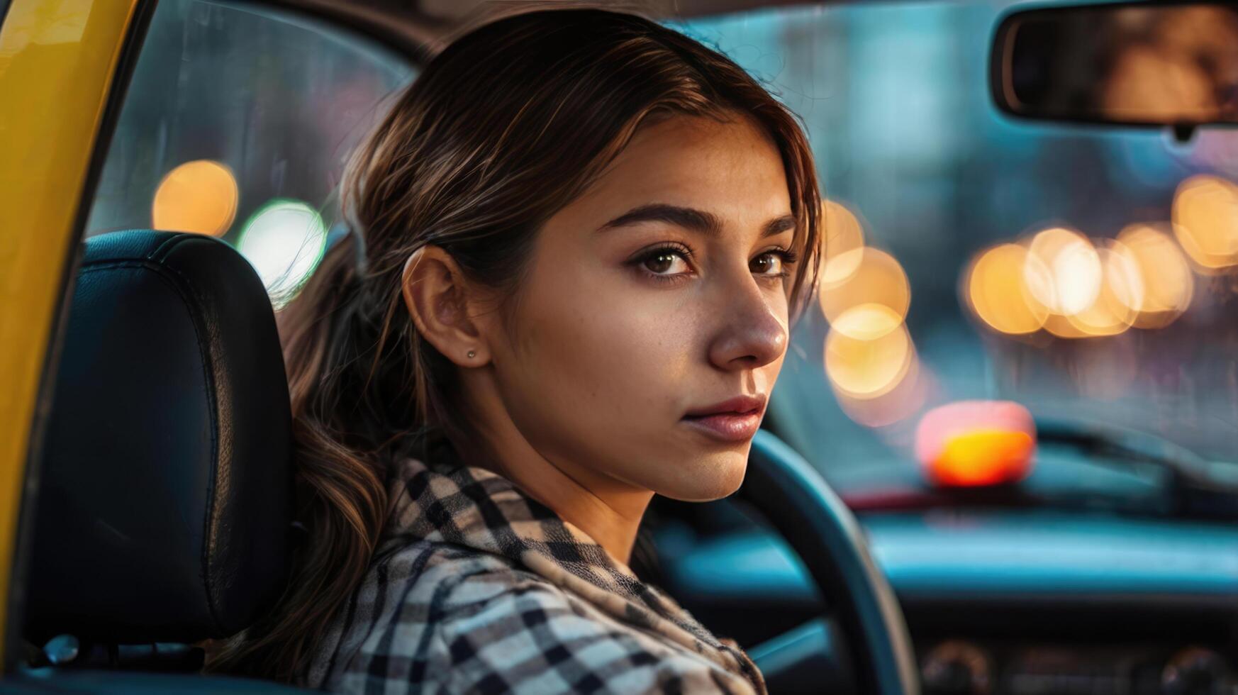 Female taxi driver. A beautiful young woman driving a car at night photo