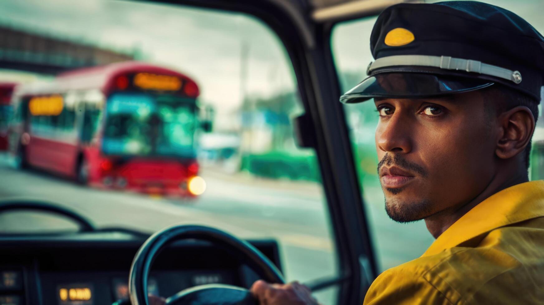 Portrait of young african american male driver in yellow jacket and cap driving a bus. photo