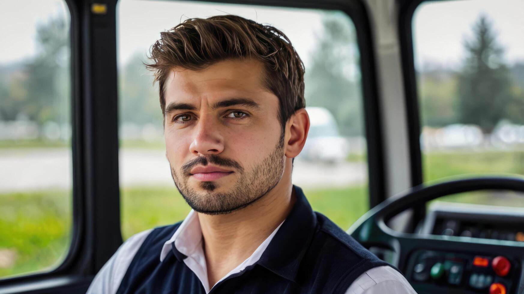 Portrait of a handsome young man driving a car in the countryside photo