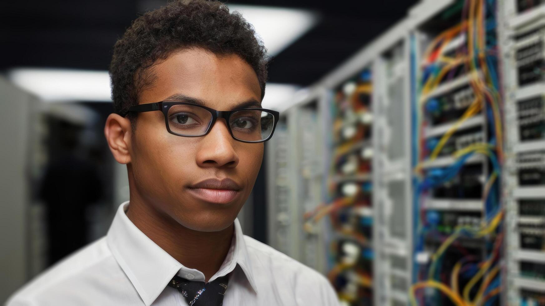 Data Center Engineer. Portrait of confident man with glasses in datacenter server room photo