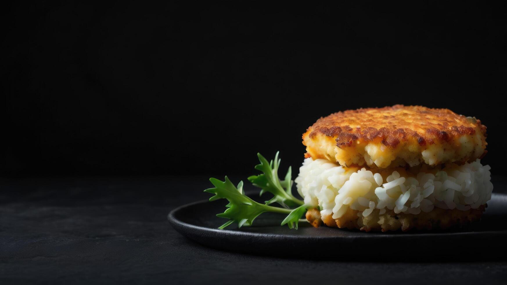 Rice cake with cheese and parsley on black plate over black background photo