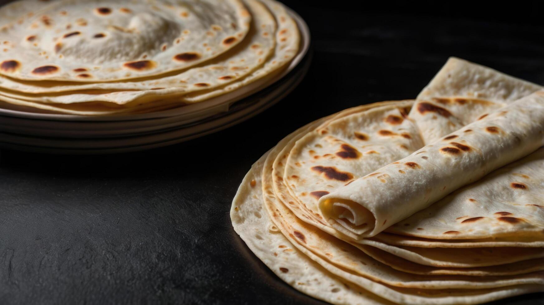 Stack of tortillas on black background, closeup. Space for text photo