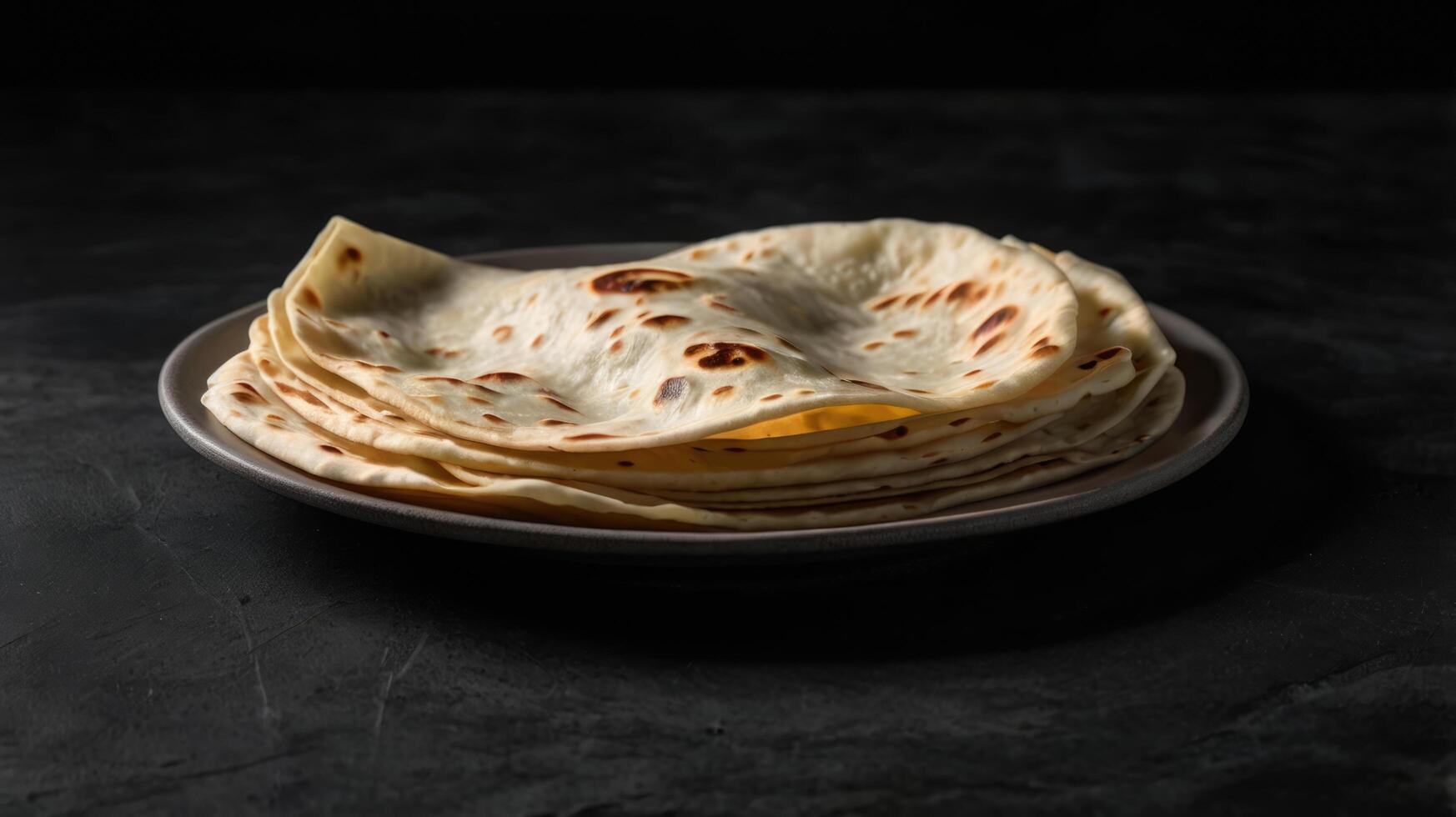Plate with tasty homemade chapati on dark background, closeup photo