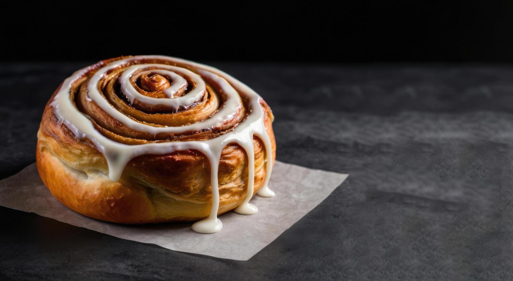 Cinnamon roll with white glaze on black background, selective focus photo