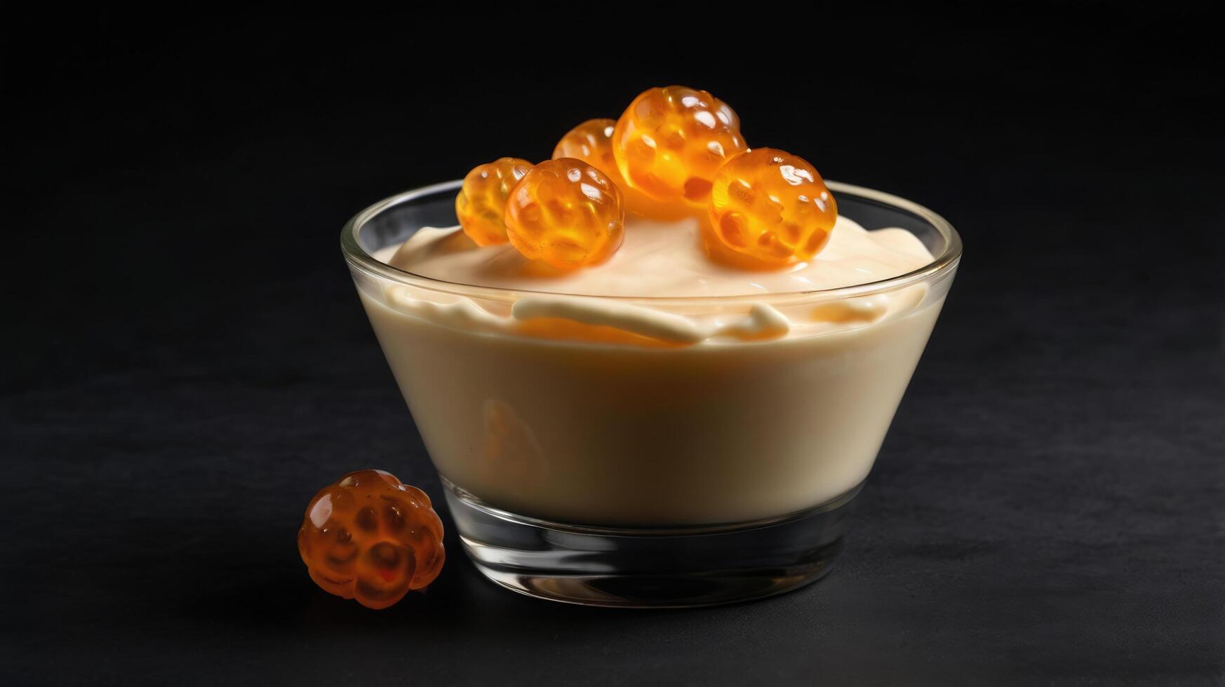 Yogurt with caramelized caviar in a glass on a black background photo