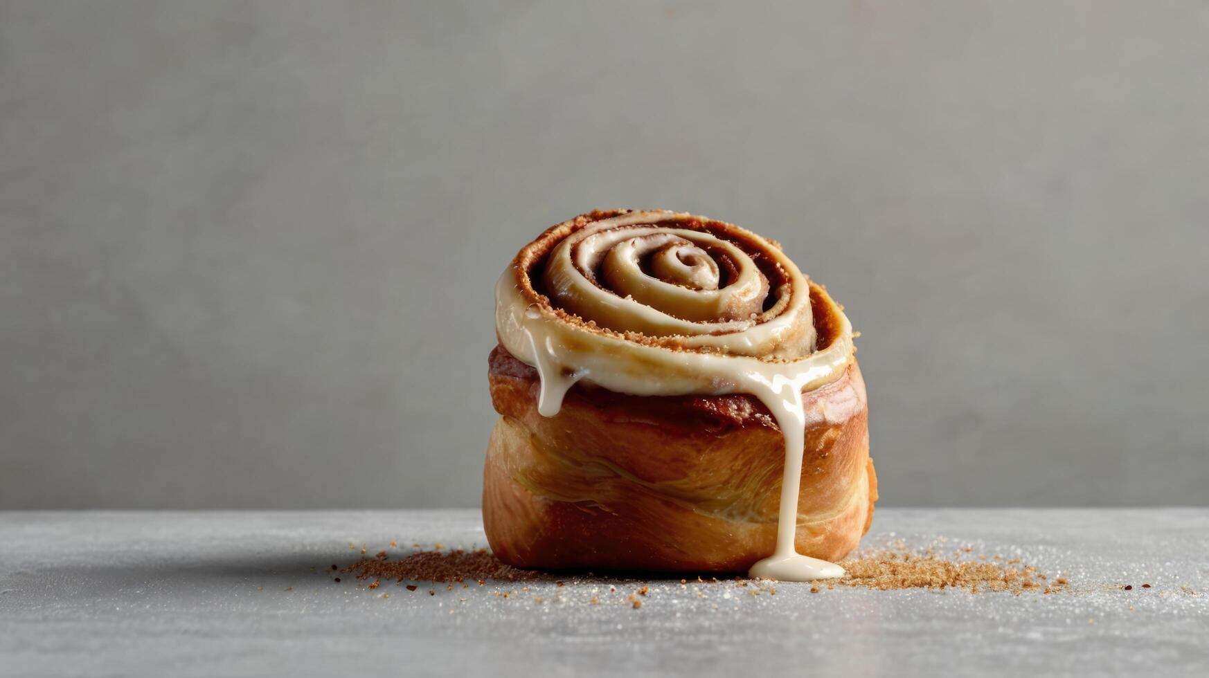 Cinnamon roll with icing sugar on grey background, space for text. photo