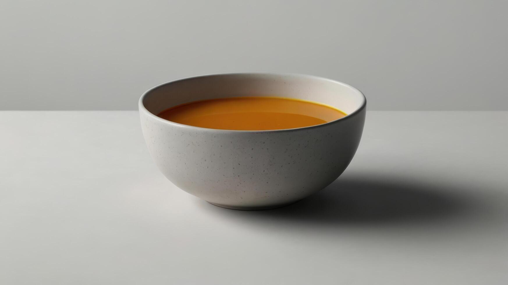 A bowl of Fiskesuppe on a white table against a gray background photo
