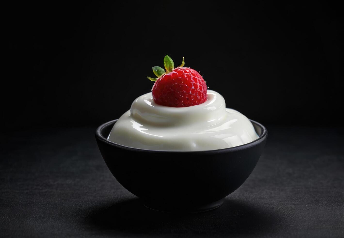 Greek yogurt with fresh raspberries in a black bowl on black background photo
