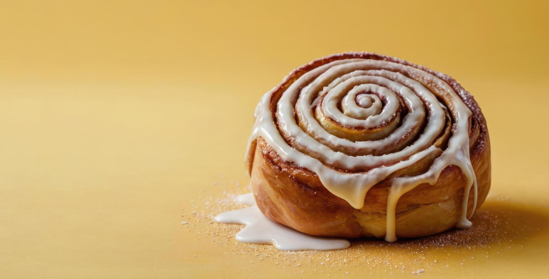 Cinnamon roll with sugar on yellow background. Selective focus. photo