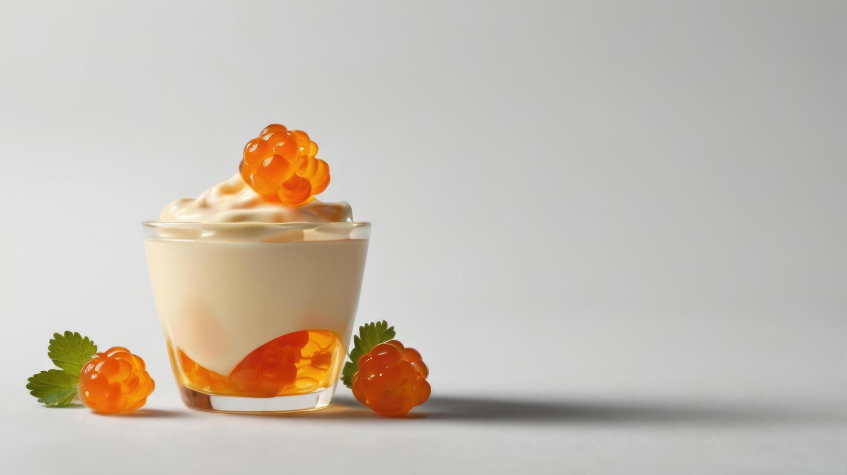 Panna cotta with caviar in glass on white background. photo