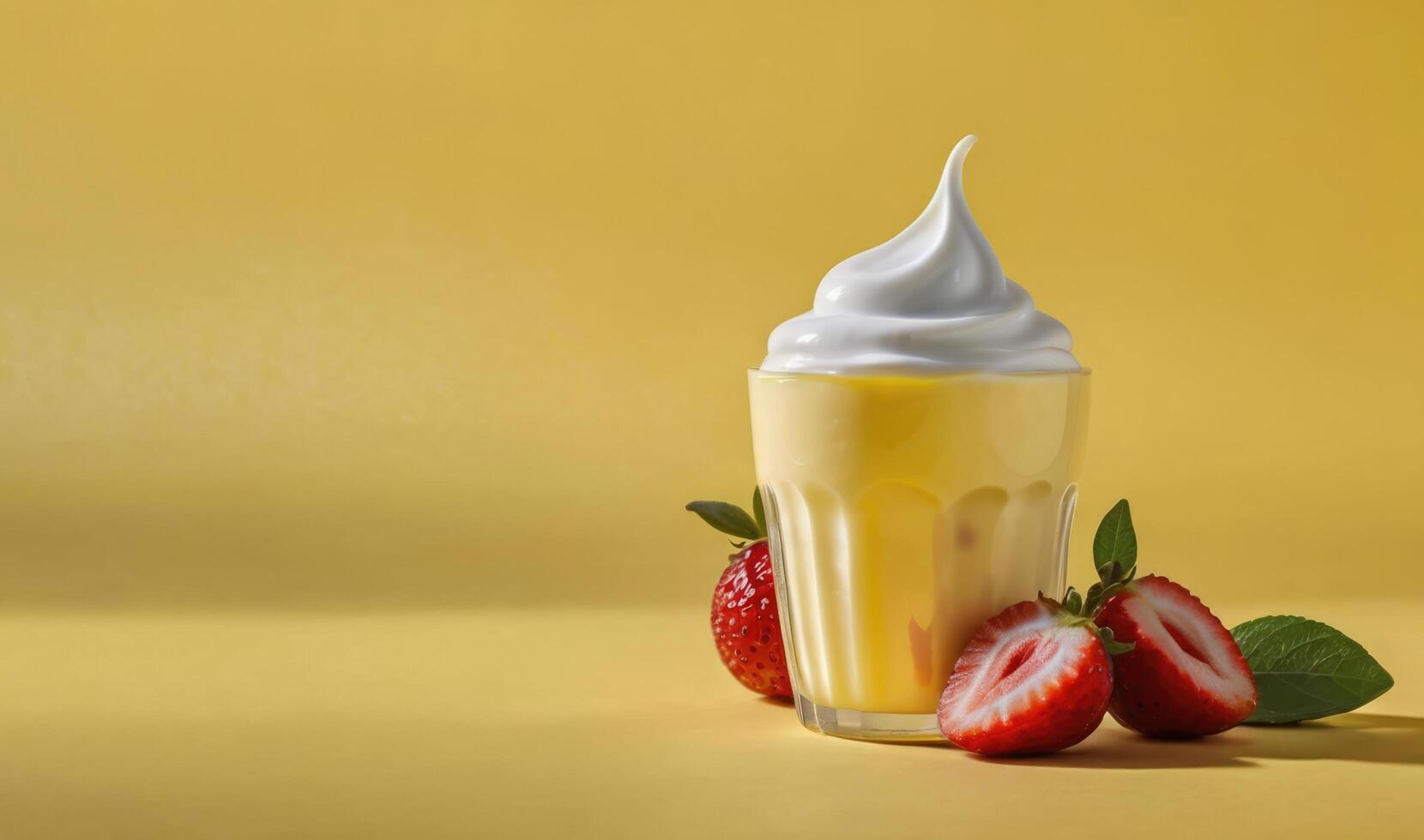 Delicious milkshake with whipped cream and strawberries on yellow background photo