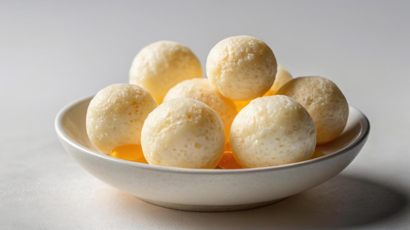 Close up of round glutinous rice balls in bowl on white background photo