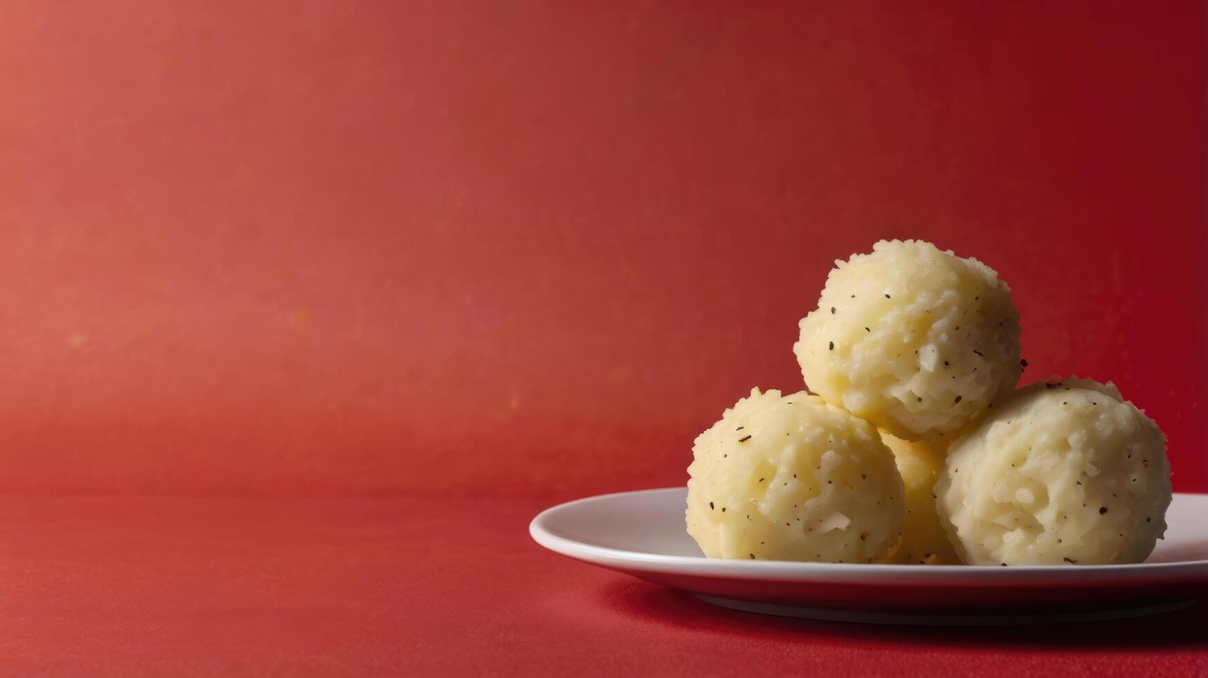 Potato dumplings on a plate on a red background. photo
