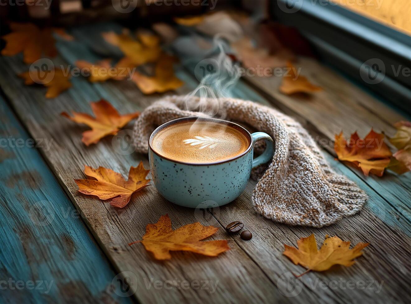 Fall leaves and hot coffee photo